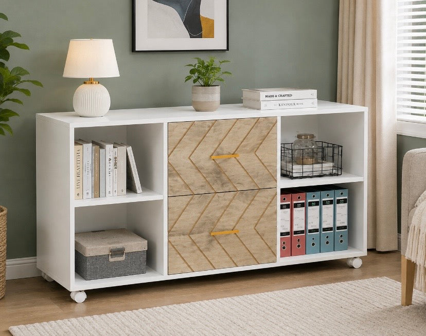 White living room storage cabinet with wood-effect doors and open shelving