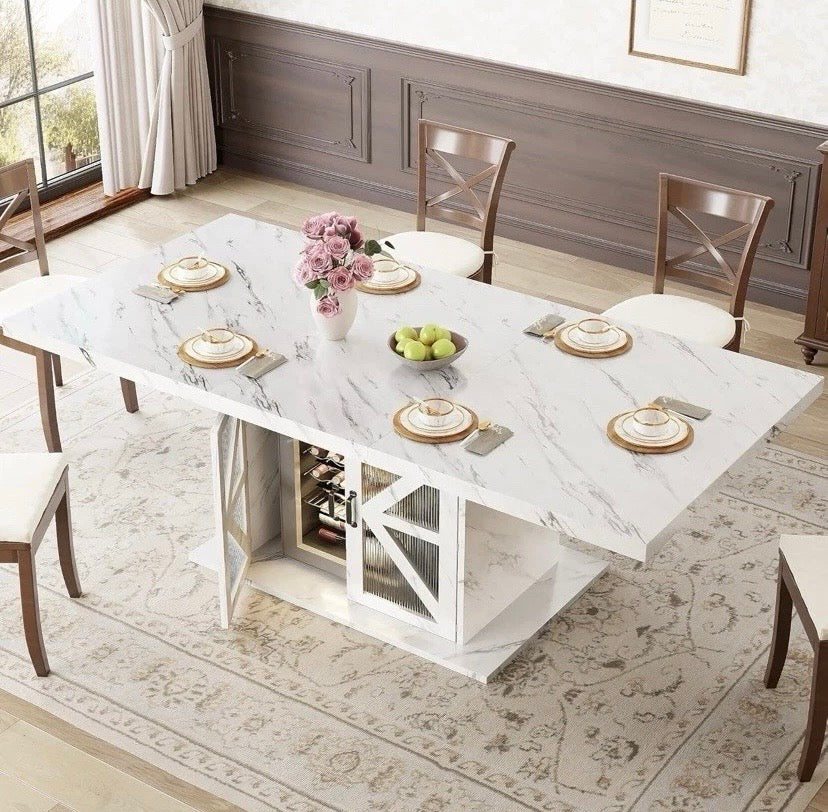 White Marble Effect Dining Table with Storage Cabinet Base 6 Seater