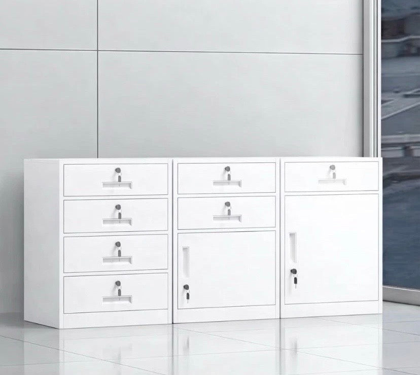 White Metal Filing Cabinet Drawer & Cupboard Lockable Office Storage Unit