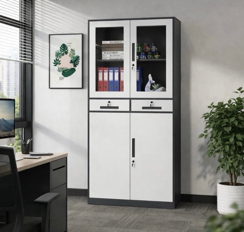 Tall Metal Office Cabinet 2 Door Lockable Storage Cupboard with Shelves Glass