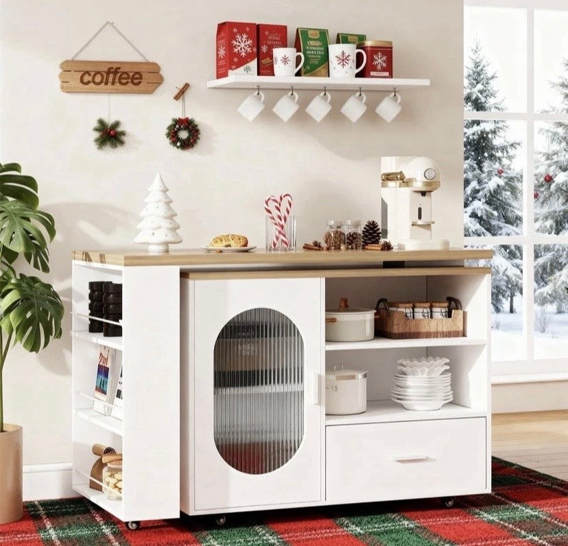 White Oak Kitchen Island Table with Storage Shelves Drawers Breakfast Bar Unit