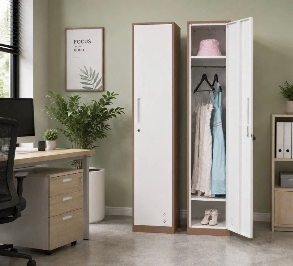 White steel locker cabinet with open door and hanging rail holding clothes