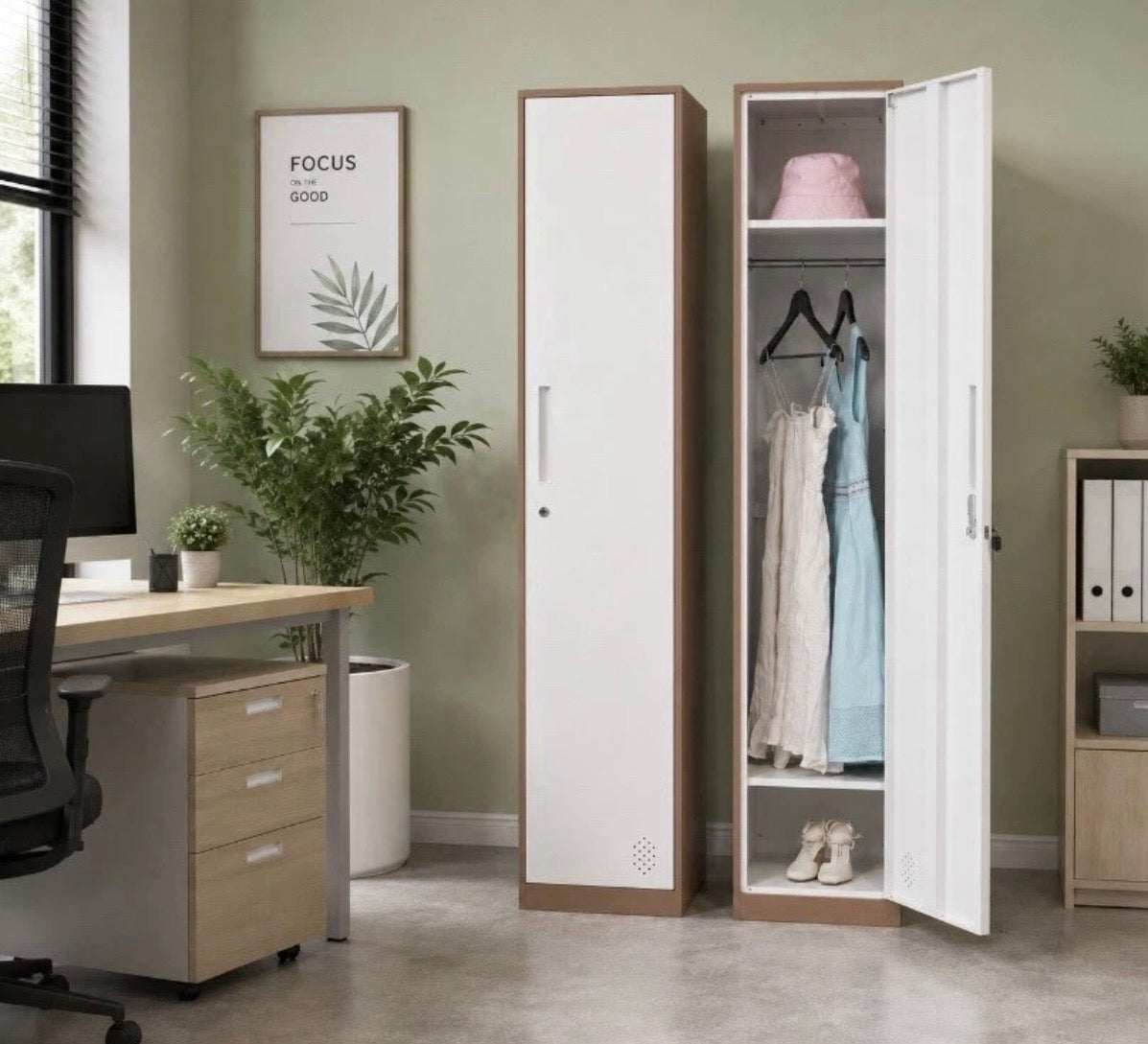 White steel locker cabinet with open door and hanging rail holding clothes