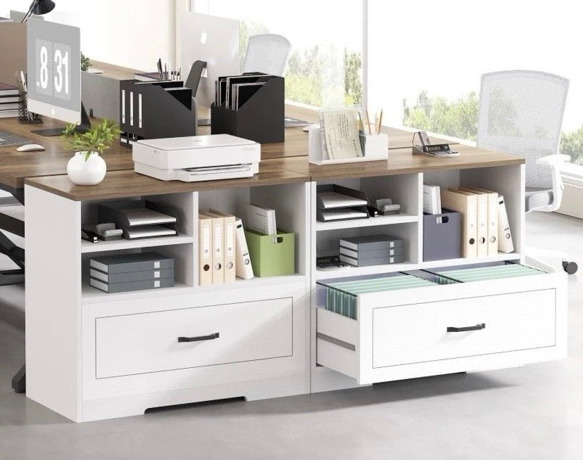 White office desk with wood top, open cubbies and two front file drawers
