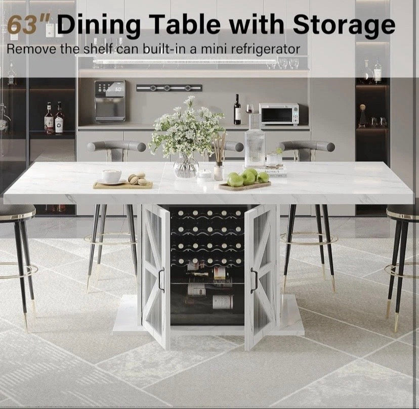 White Marble Effect Dining Table with Storage Cabinet Base 6 Seater