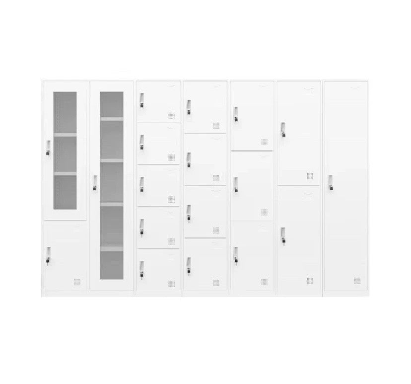 White 5-door metal locker cabinet with closed lockable doors and vents