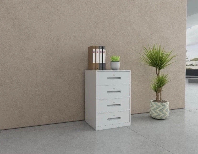 FULLY ASSEMBLED 4 Drawer White Steel Filing Cabinet with Lockable Door and Key
