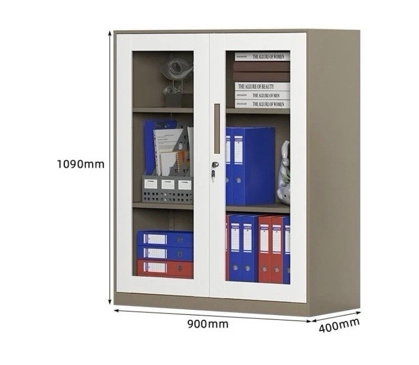 Lockable two-door steel office cabinet with dimensions, open doors showing files
