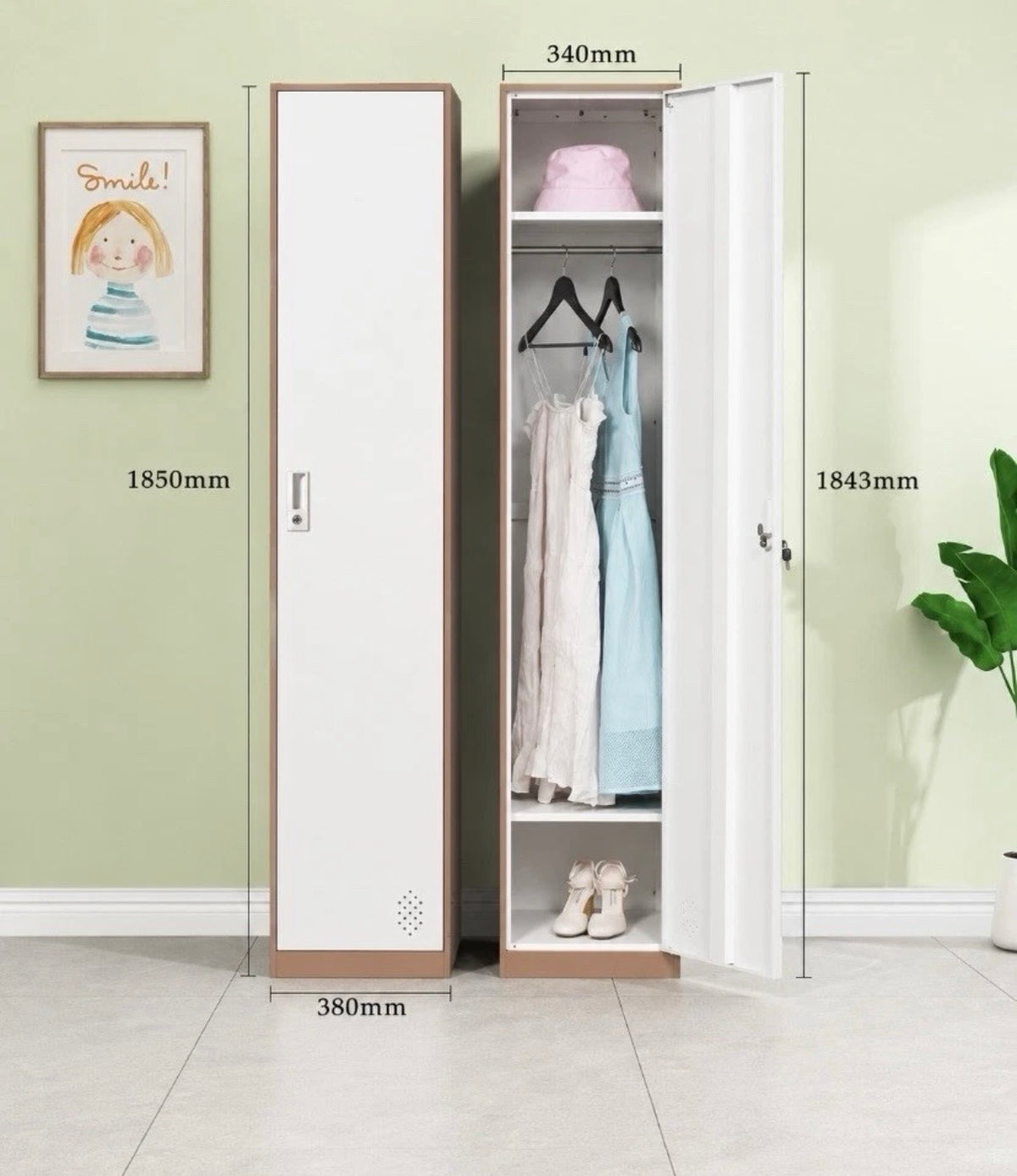 Open white steel locker cabinet showing hanging rail and shelves for clothes