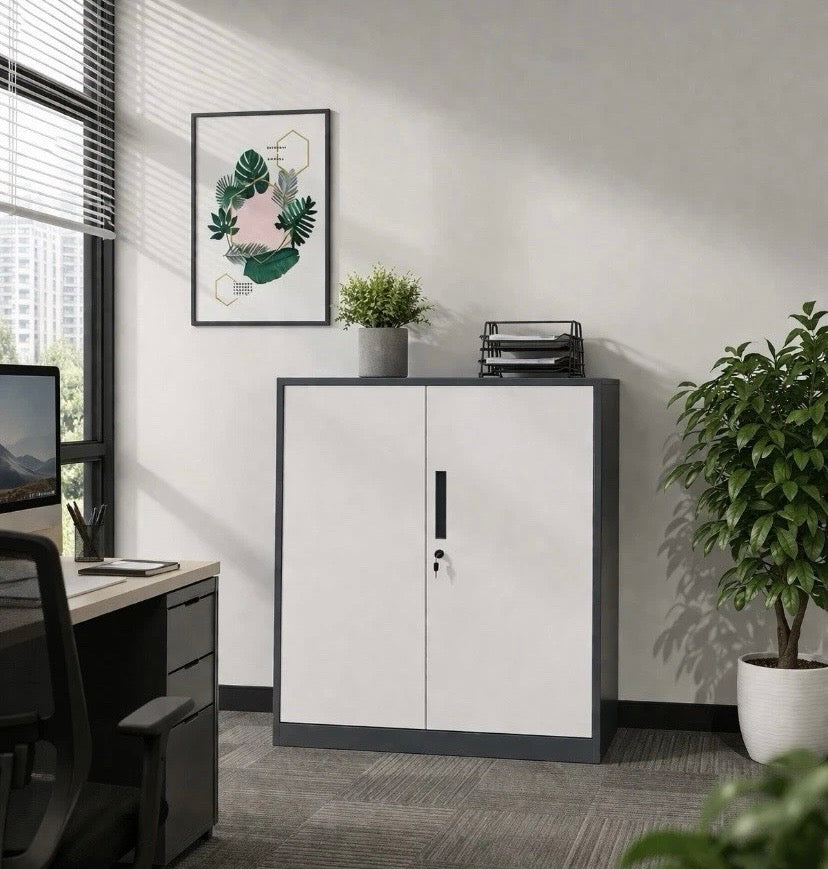 Lockable White/ Grey Storage Cabinet 2 Door Office Filing Cupboard with Shelf