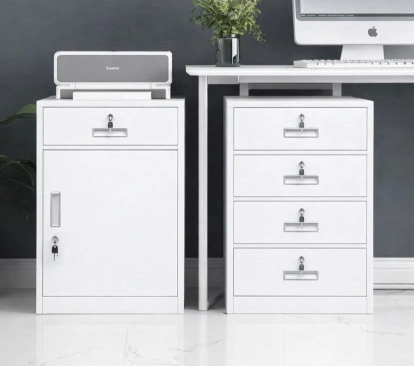 White Metal Filing Cabinet Drawer & Cupboard Lockable Office Storage Unit