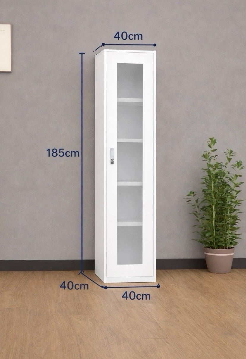 Tall White Filing Cabinet Glass Door Office Storage Cupboard Lockable