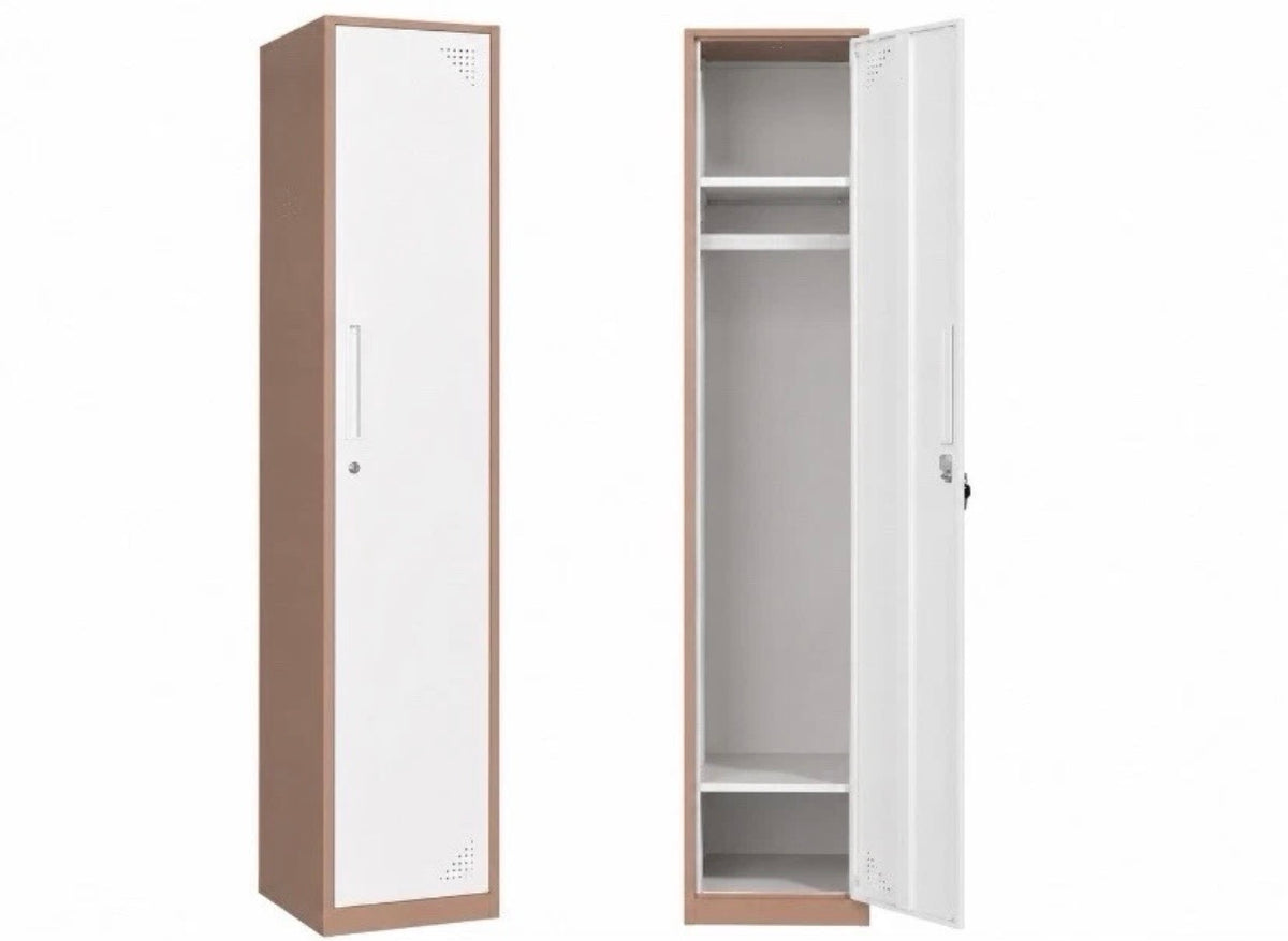 White steel locker cabinet side view with open door and interior shelves