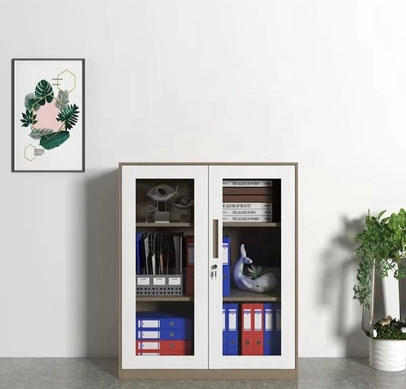 Lockable two-door steel office cabinet with doors closed, side handle visible