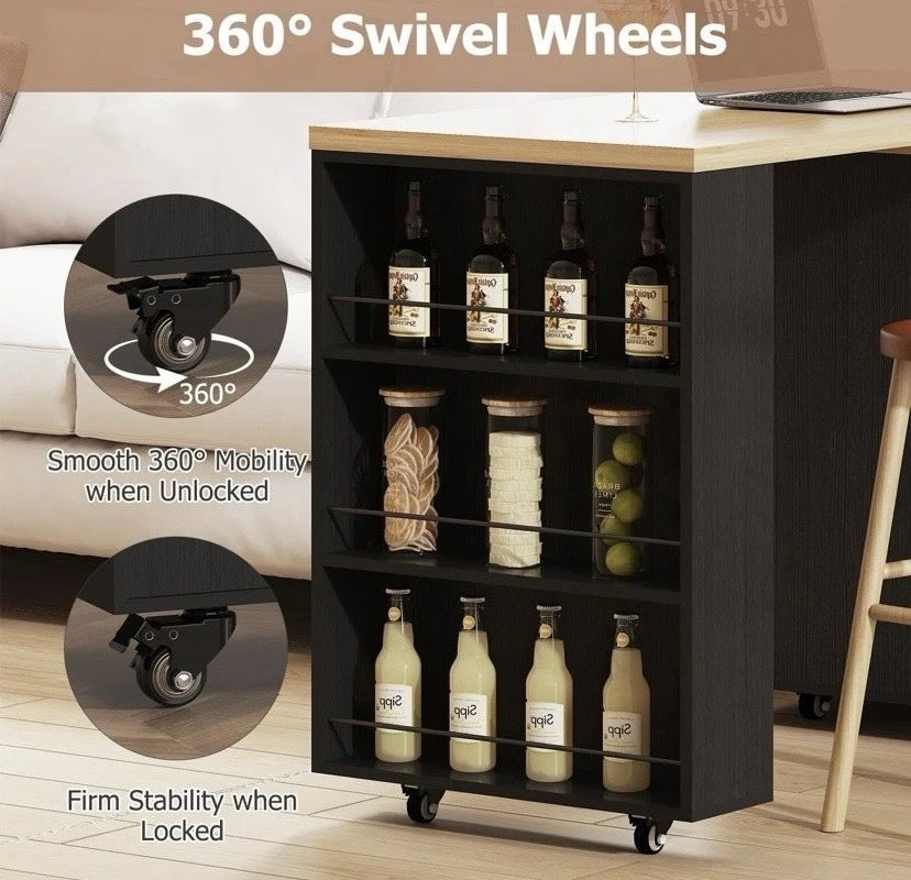 Kitchen Island Table with Storage Shelves Drawers Breakfast Bar Unit Oak Black