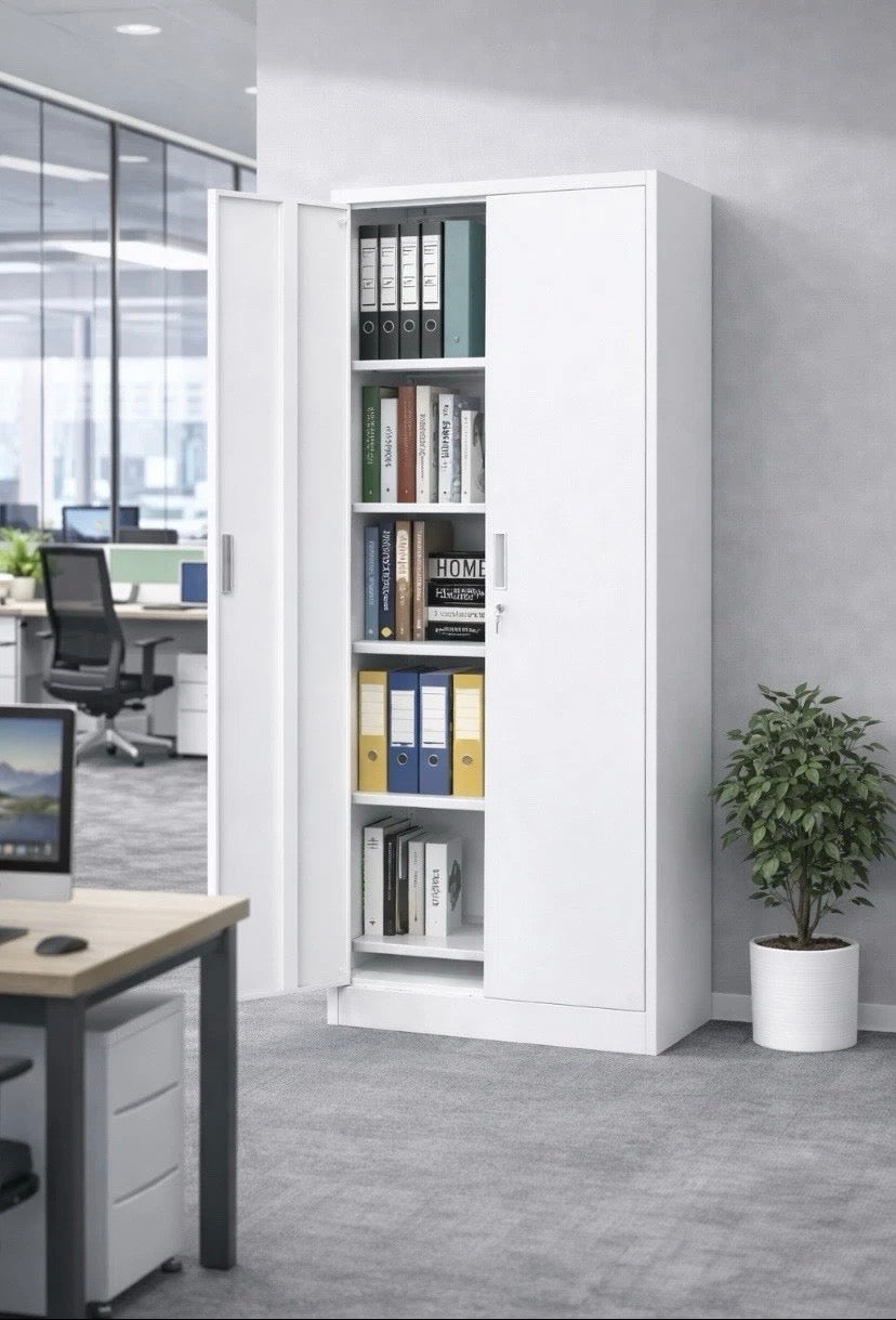 White Metal Storage Cabinet Lockable 2 Door Office Filing Cupboard Shelves