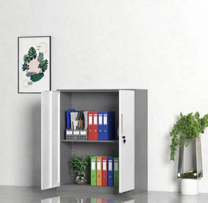 Lockable White/ Grey Storage Cabinet 2 Door Office Filing Cupboard with Shelf