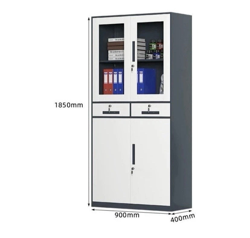 Tall Metal Office Cabinet 2 Door Lockable Storage Cupboard with Shelves Glass