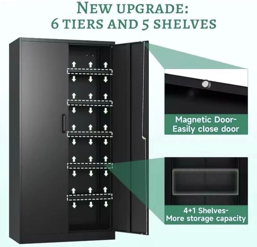Heavy Duty Garage Storage Cabinet Black Metal Tool Cupboard Shelves Unit