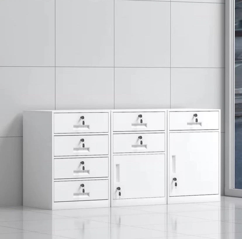 White Metal Filing Cabinet Drawer & Cupboard Lockable Office Storage Unit
