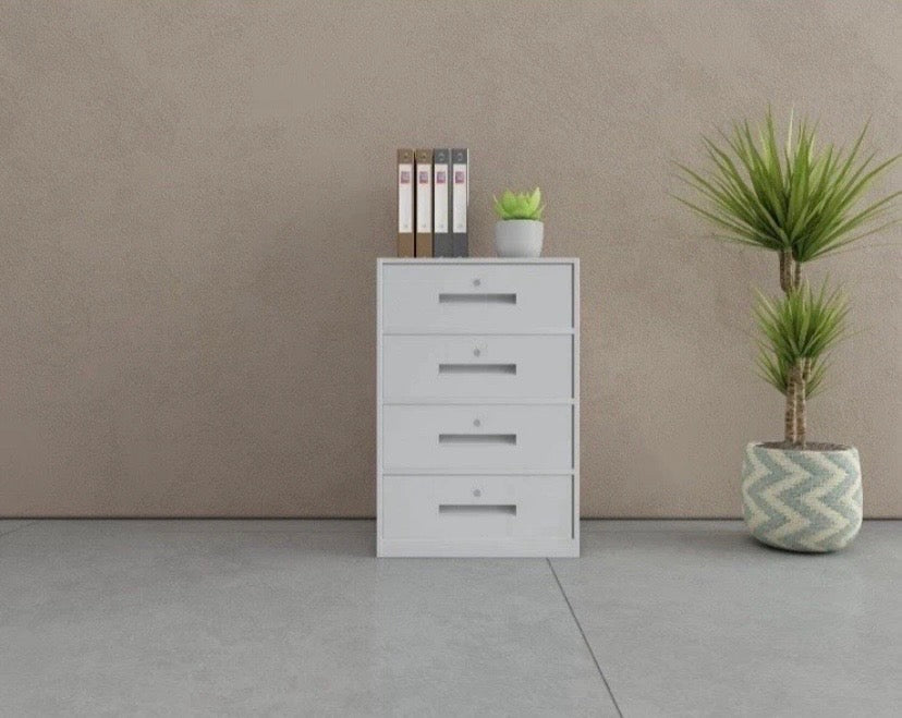 FULLY ASSEMBLED 4 Drawer White Steel Filing Cabinet with Lockable Door and Key