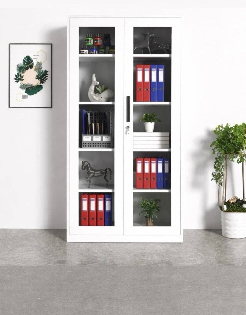 White Steel Office Cabinet Lockable 2 Door Glass Filing Storage Cupboard Unit