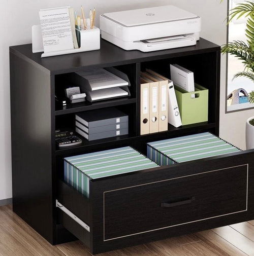 Black wood printer stand filing cabinet with open shelves and hanging file drawers