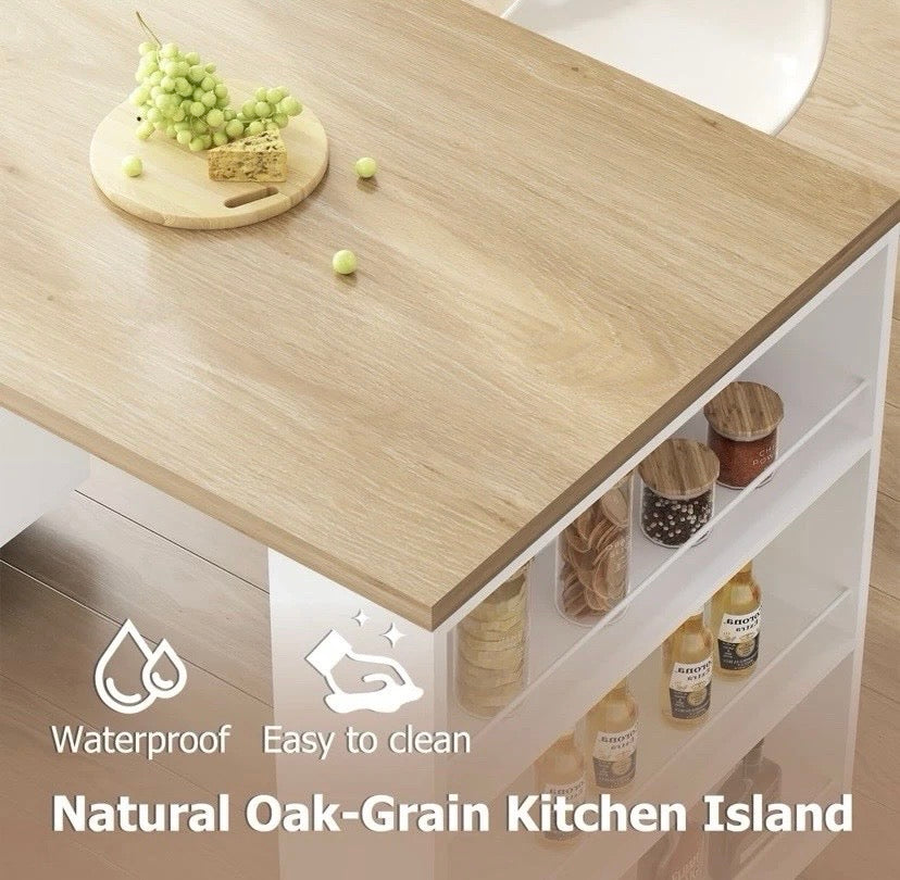 White Oak Kitchen Island Table with Storage Shelves Drawers Breakfast Bar Unit
