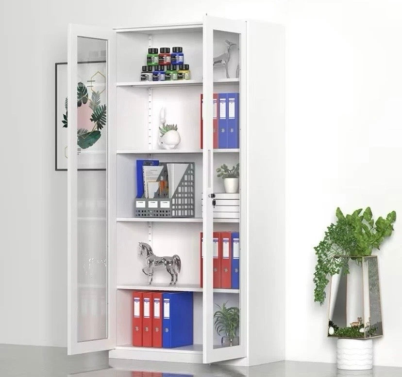 White Steel Office Cabinet Lockable 2 Door Glass Filing Storage Cupboard Unit