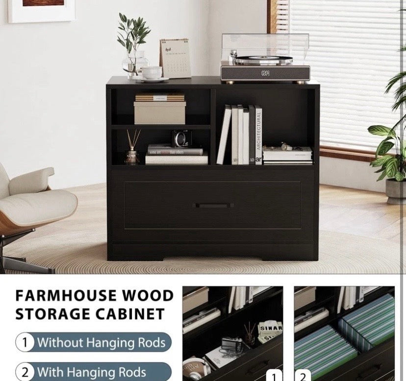 Black Wood Filing Cabinet Printer Stand Hanging File Storage A4 Legal 83cm