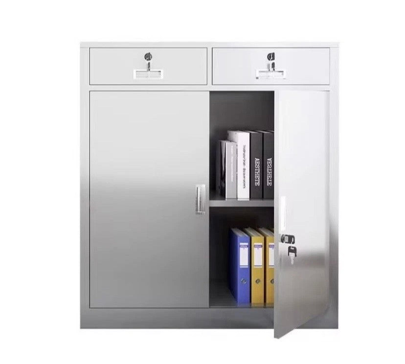 Stainless Steel Office Storage Cabinet Lockable 2 Door 2 Drawer FULLY ASSEMBLED
