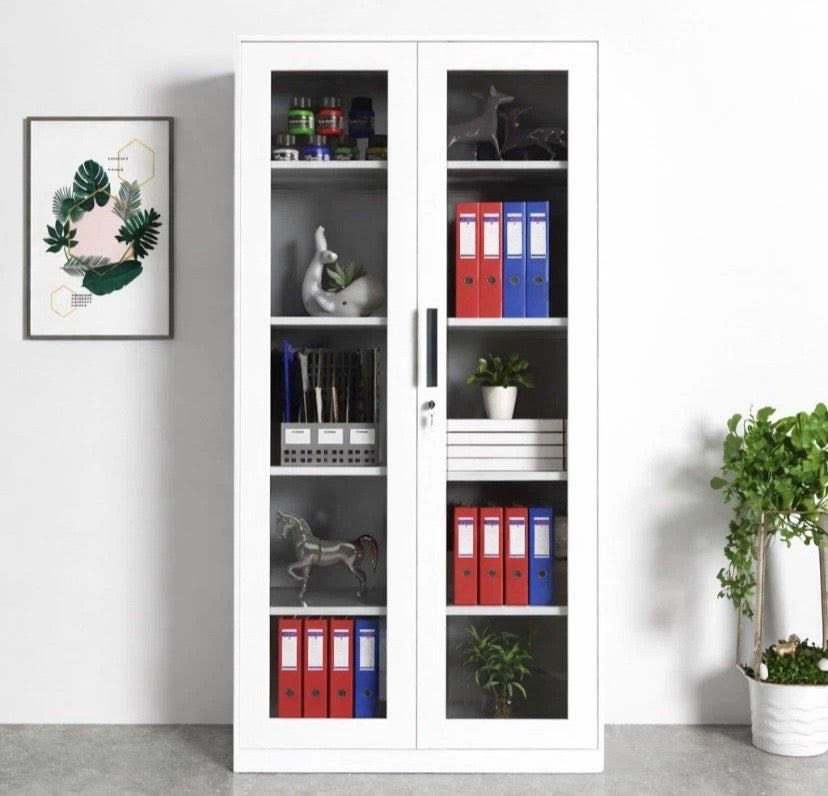White Steel Office Cabinet Lockable 2 Door Glass Filing Storage Cupboard Unit