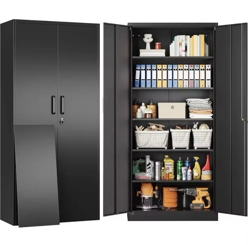 Heavy Duty Garage Storage Cabinet Black Metal Tool Cupboard Shelves Unit