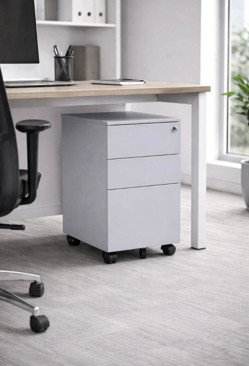 3 Drawer Mobile Filing Cabinet Lockable Steel Under Desk Storage White UK