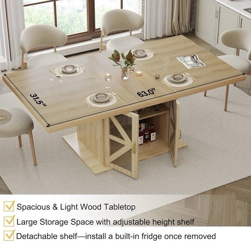 Light Wood Dining Table with Storage Cabinet Extendable