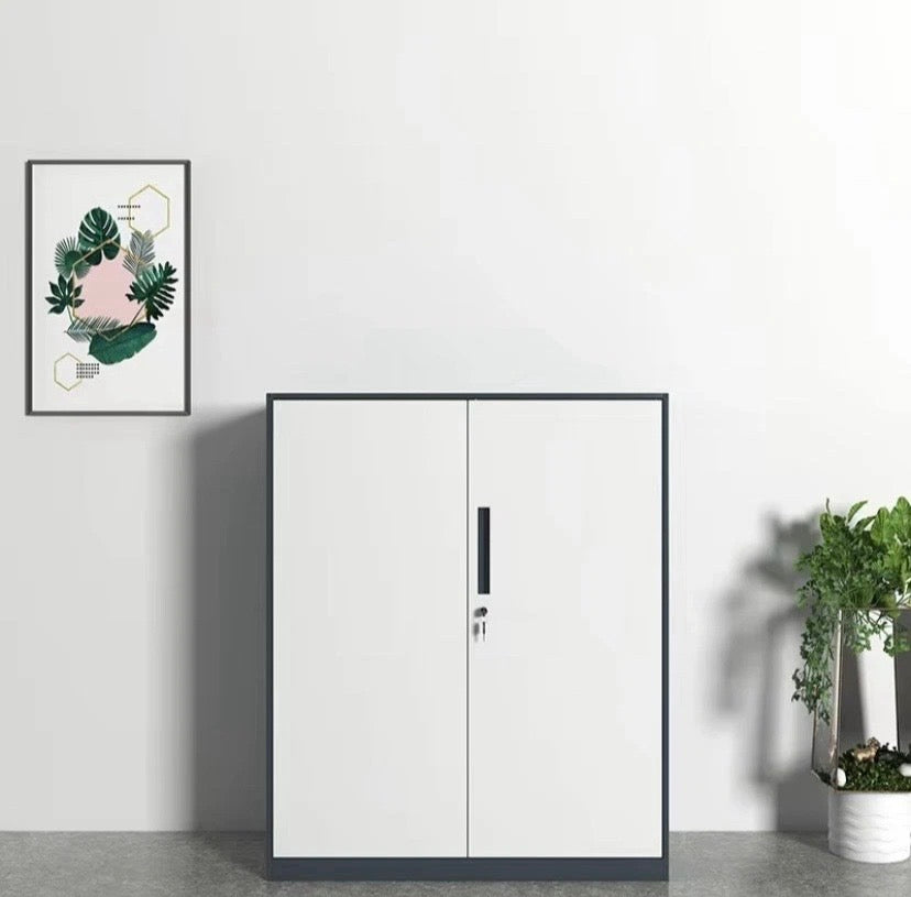 Lockable White/ Grey Storage Cabinet 2 Door Office Filing Cupboard with Shelf