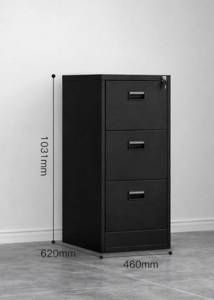 Black Home Office 3 Drawer Steel Filing Cabinet with Lockable Storage and Key