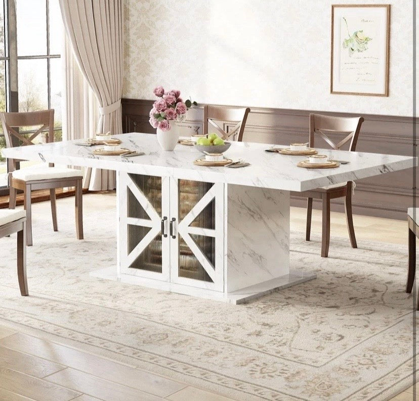 White Marble Effect Dining Table with Storage Cabinet Base 6 Seater