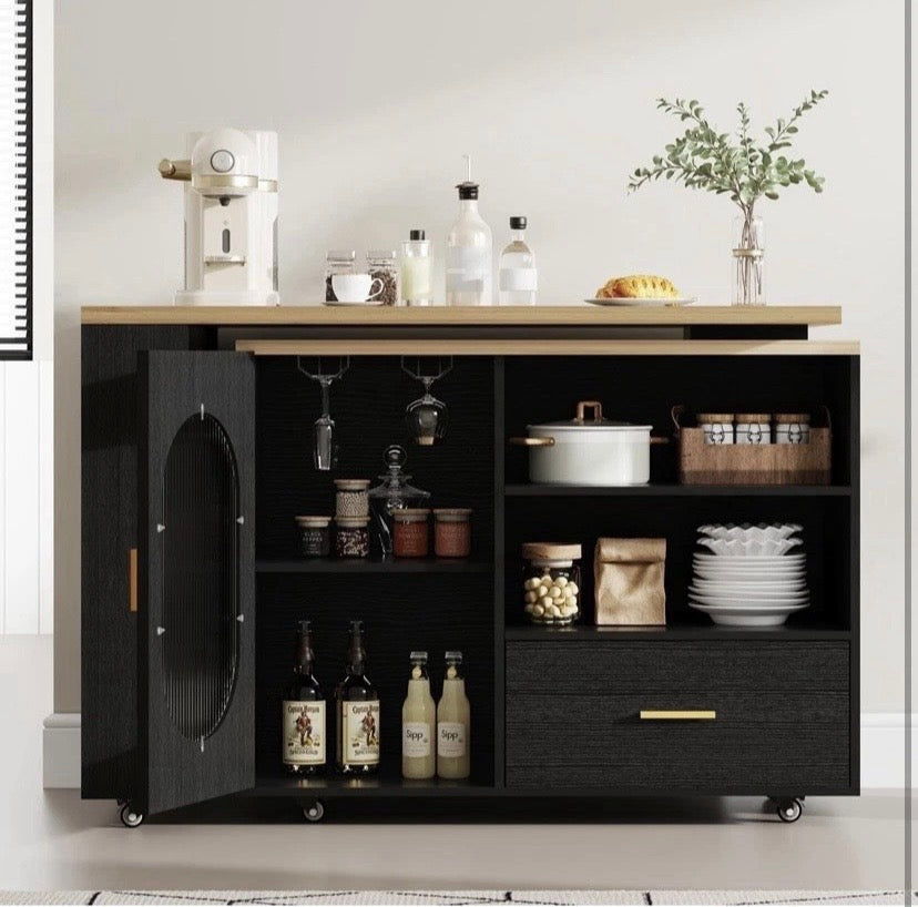 Kitchen Island Table with Storage Shelves Drawers Breakfast Bar Unit Oak Black