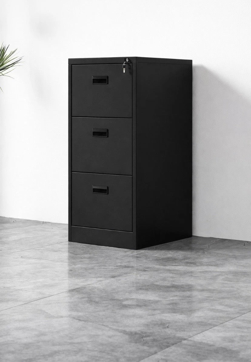 Black Home Office 3 Drawer Steel Filing Cabinet with Lockable Storage and Key