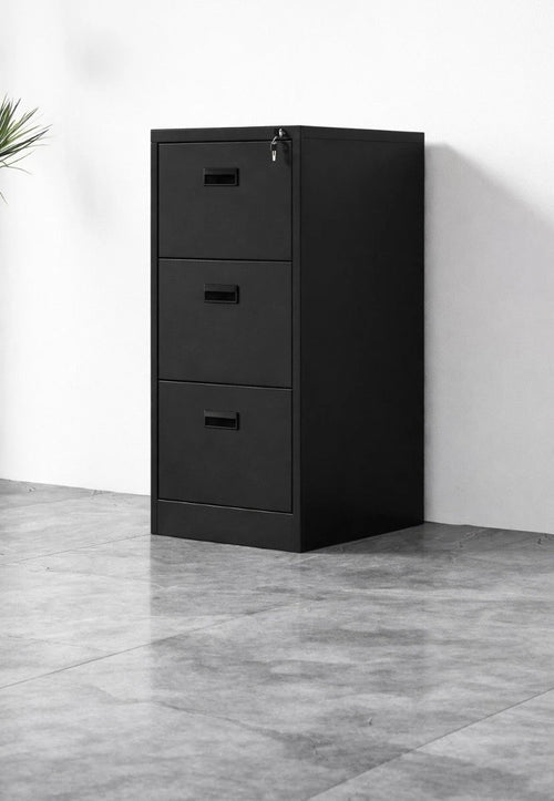 Black Home Office 3 Drawer Steel Filing Cabinet with Lockable Storage and Key