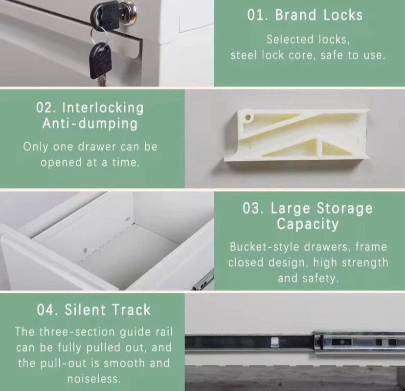 Lock and smooth drawer track on a light grey metal filing cabinet