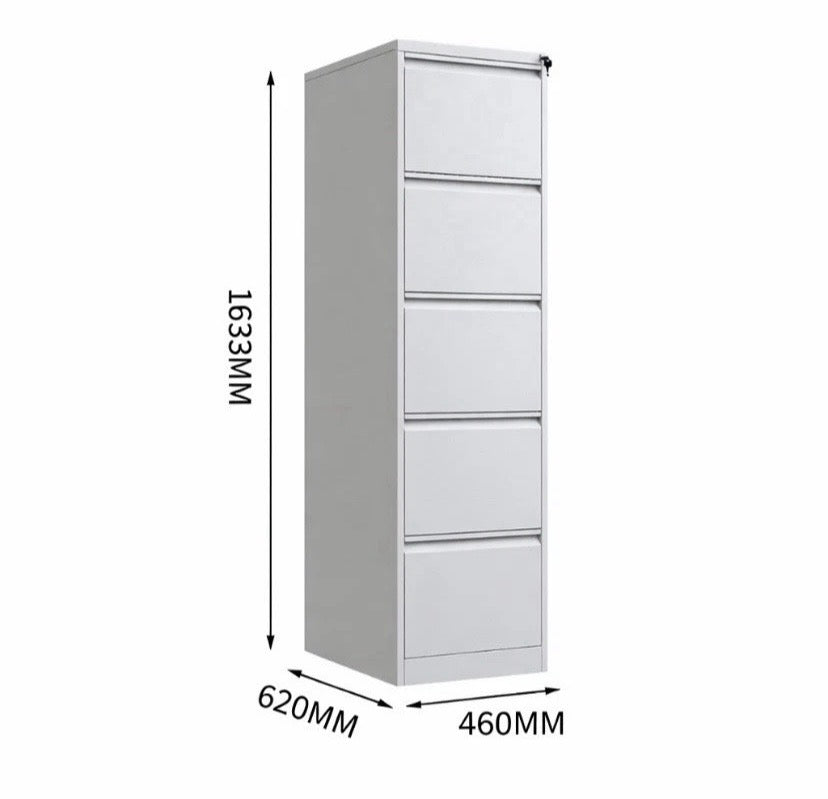 Light grey 5-drawer filing cabinet side view with top lock and drawer fronts