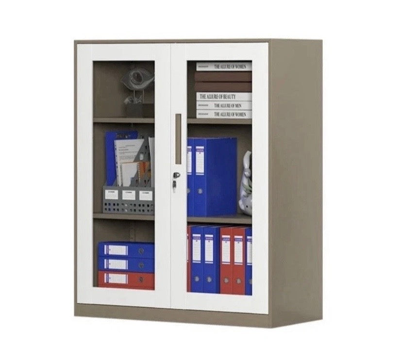 Lockable two-door steel office cabinet on display, doors open with binders and folders