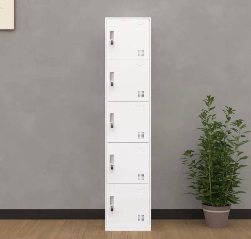 5 Door Steel Locker White Metal Storage Cabinet Staff Gym Office Lockable Keys