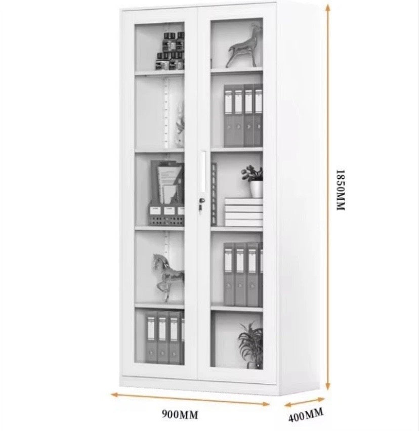 White Steel Office Cabinet Lockable 2 Door Glass Filing Storage Cupboard Unit