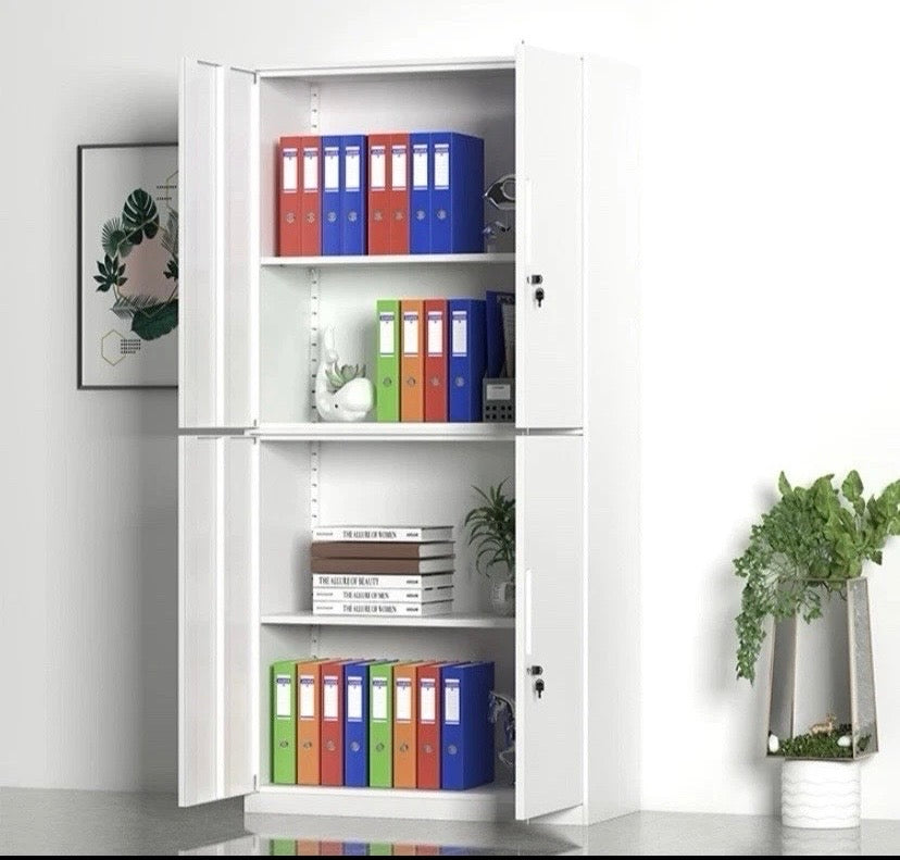 White Metal Storage Cabinet 4 Door Lockable Office Filing Cupboard Unit With Key