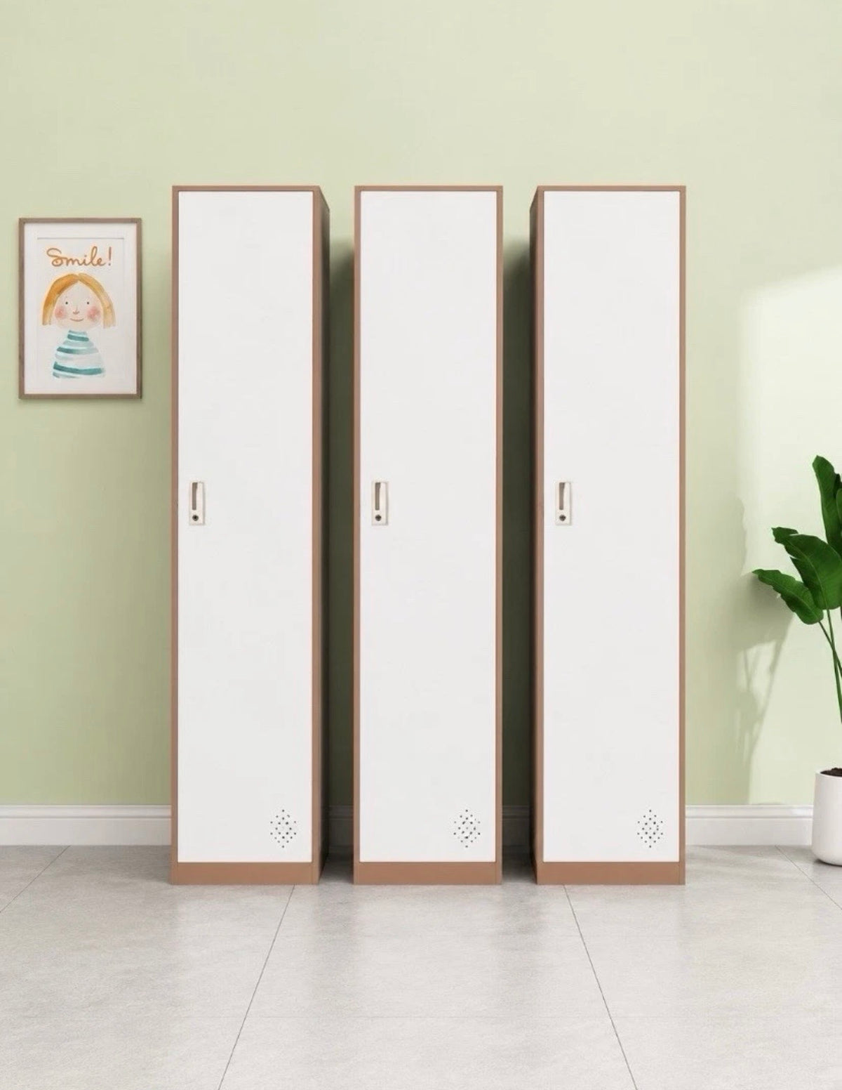 Lockable white steel locker cabinet with door handle and vented base panel
