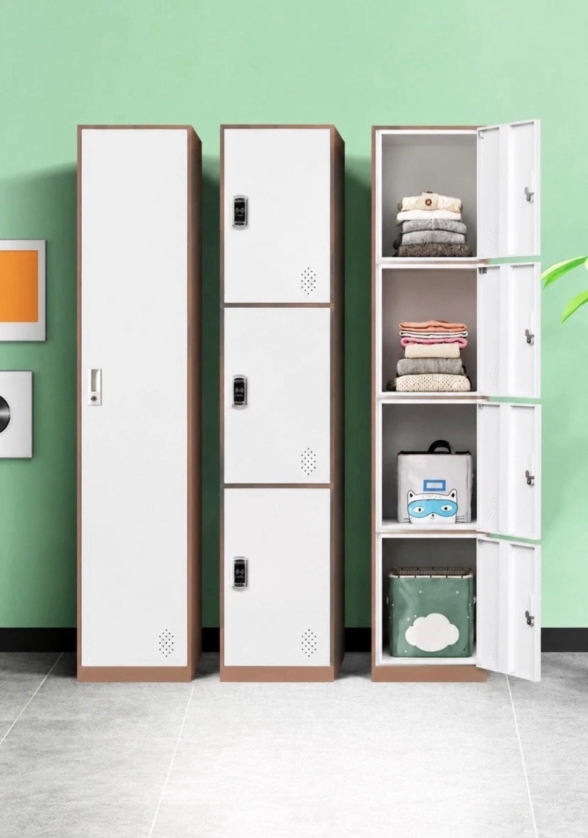 White steel locker cabinet set of two doors with lock openings and vent panels