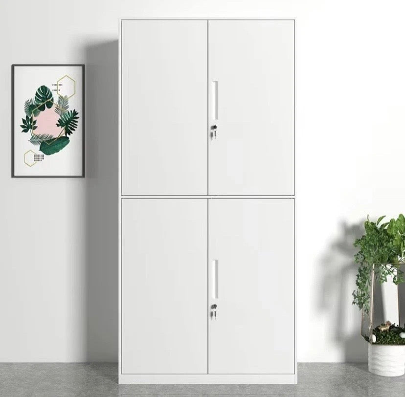 White Metal Storage Cabinet 4 Door Lockable Office Filing Cupboard Unit With Key